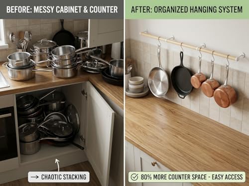 Wooden Pot Rack Wall Mounted - Pans Hanging Rack and Detachable Kitchen Lids Utensils Hanger (Wood color, 33.9inch/2 Pack) - Image 5