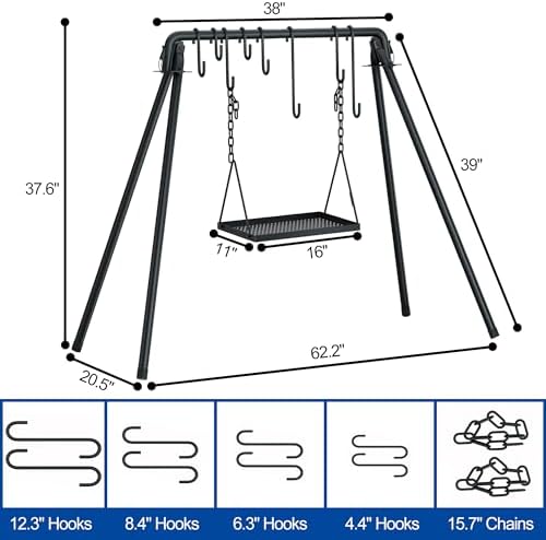 RELIANCER Grill Swing,Campfire Grill Cooking Stand w/8 Hooks & Storage Bag,Cast Iron BBQ Party Swing Grilling Cooking Rack,Outdoor Picnic Camping Cookware Hanging Rack,Collapsible Bonfire Barbecue Set - Image 2