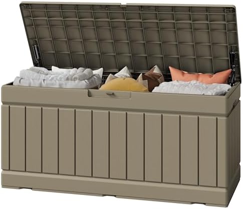 Greesum Outdoor Storage Box 82 Gallon Storage Bin with Lid for Patio Furniture, Garden Tools, Pool Supplies, Waterproof and UV Resistant, Lockable, Coffee by BuynowfromGreesum