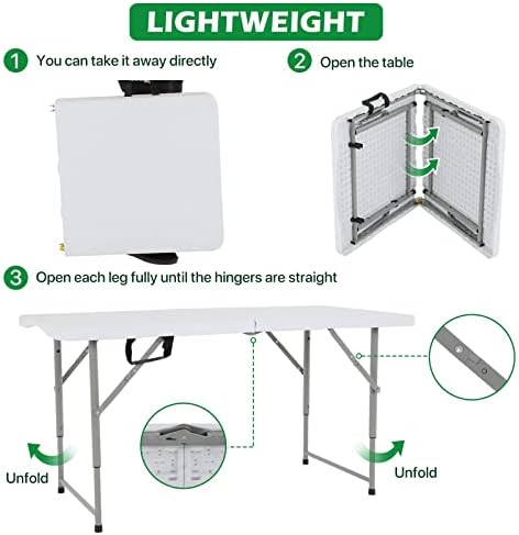 HKLGorg 4ft Folding Table, Adjustable Height Plastic Foldable Table, White - Image 6