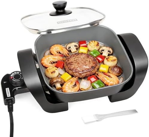 SugarWhisk 8-inch Ceramic Coated Electric Skillet with Lid, Non Stick Skillet Griddle Pan Electric, Rapid Heat Up, 650W, Breakfast Skillet, Kitchen Appliances for Cooking, Graphite by Unknown
