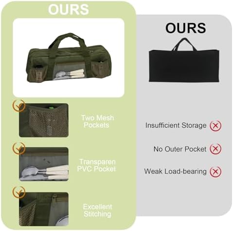 22" Upgraded Grill Tools Storage Bag, BBQ Utensil Holder with Pockets, Carry Bag for Outdoor Camping & Hiking BBQ, Gift for Men, Green - Image 5