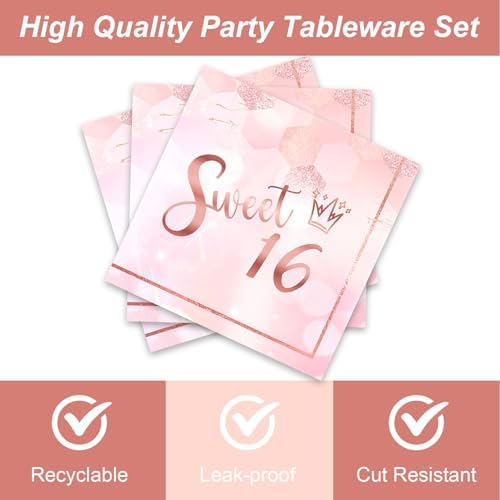 48Pcs Sweet 16 Party Decorations 16th Tableware Set Supplies Pink Disposable Birthday Plates Napkins Forks Serves 16 Sweet Sixteen Party Decorations For Girls - Image 4