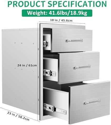Outdoor Kitchen Drawers 18" Wx 24" H x 23" D Stainless Steel Triple Drawers with Ergonomic Handle for BBQ Island, Patio Grill Station & Outdoor Kitchen Cabinets - Image 2