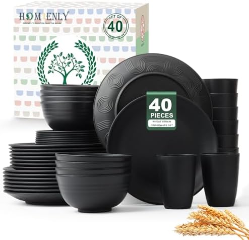Homienly 40-Pieces Wheat Straw Dinnerware Set, Kitchen Plastic Wheat Straw Dinnerware Set - Service for 8, Unbreakable Lightweight Dish Set for Kitchen, Camping - Plates Set, Bowls, Cups Set(Black) by HOMIENLY