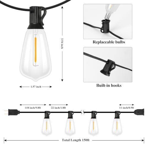 Brightever 150FT Outdoor String Lights 77 Bulbs, 2200K Amber Lights - Image 3