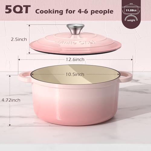 Umite Chef 5QT Enameled Cast Iron Dutch Oven Pot with Lid, Heavy-Duty Cookware for Bread Baking, Braising, Stews, Roasting, Wedding Registry Ideas & Gifts (Pink) - Image 3