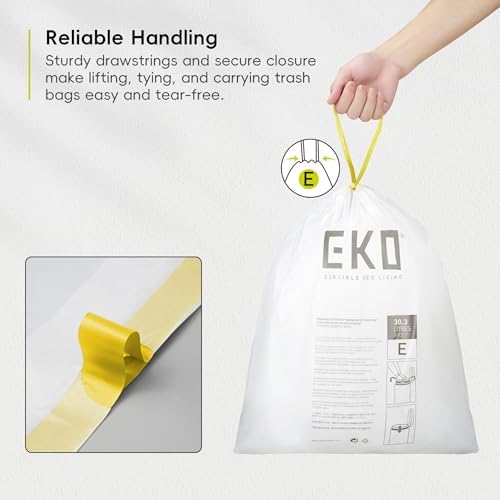 EKO Easy-Dispense Roll 80 Count Extra-Strong Drawstring Tall Kitchen Trash Bag, 8-9.5 Gallon Trash Bag (30.3L-36L) 1 Pack White, Code E - Image 3