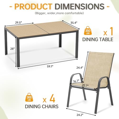 PIZZELLO 5-Piece Outdoor Dining Set w/ 60" Outdoor Table and 4 Chairs - Image 6