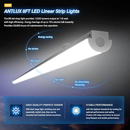 ANTLUX 8FT LED Shop Lights 110W Strip Lights [6-lamp T8 Fluorescent Equiv.], 12000LM, 5000K, Compact Commercial 8 Foot Light Fixtures for Warehouse, Garage, Energy Saving up to 4000W/5 Years, 6 Pack - Image 2