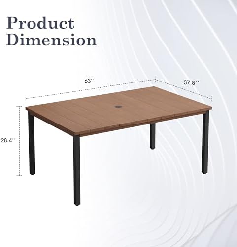Outdoor Dining Table for 6, 63" Rectangle Outdoor Table with Adjustable Umbrella Hole, All-Weather Metal Patio Dining Table for Lawn Garden Backyard Deck, Walnut - Image 2