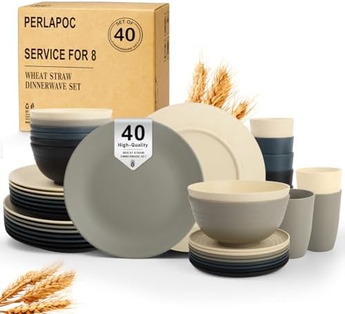 40 PCS Wheat Straw Dinnerware Set | Dishware Sets for 8 Unbreakable Plates and Bowls Sets, Drinking Glasses, Dishwasher and Microwave Safe Dish Set for KItchen - Gray Stone by Perlapoc