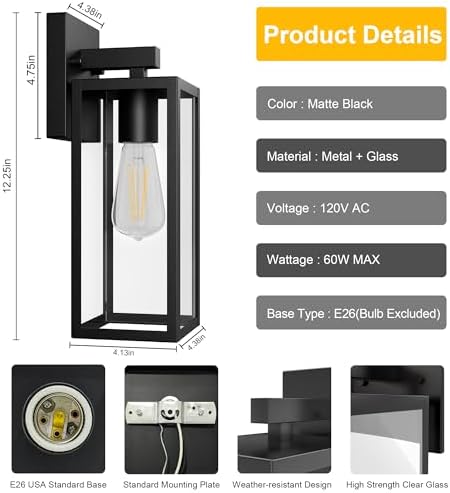 Kalium Porch Lights Outdoor Wall Light Fixture, Matte Black Wall Sconce | Toughened Frame, Clear Glass Shade, Waterproof Lanterns, for Patio, Exterior, Front, Door, Entryway - Image 3