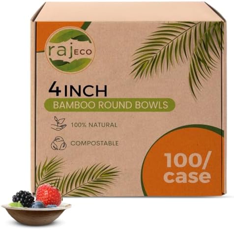 Raj Disposable Bamboo Bowls (100 Count, 4" Bowls) Strong Bowl Bamboo Party Bowl - Decorative Compostable Tableware for Lunch, Dinner, Birthday, Camping, Outdoor, Picnic, Parties by Raj