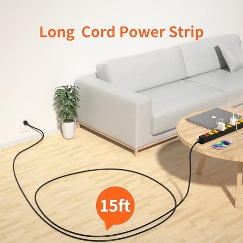 8 Outlet Power Strip 2100J Surge Protector, 15FT Heavy Duty Extension Cord Wide Spaced Outlet and Wall Mount Metal Powerstrip for Home Office Garage Workshop - Image 2