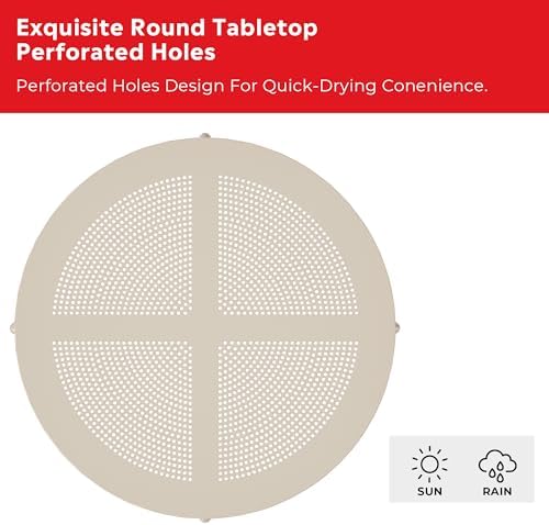 Costaelm Small Patio Table, Outdoor Round Dining Table, Weather Resistant Outside Table for Poolside Deck Lawn Garden Backyard, Sand - Image 5
