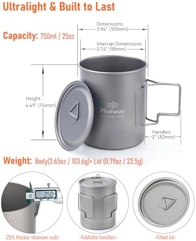 750ml (25oz) Titanium Camping Pot, Ultralight Backpacking Cookware - Image 2