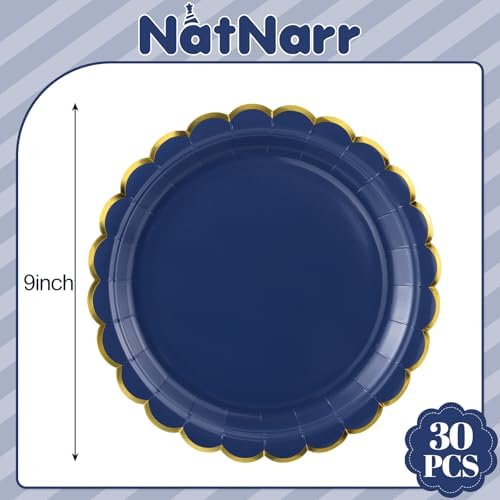 NatNarr 30 Pk Navy Blue Paper Plates 9" Scalloped Blue Gold Party Plates - Image 2