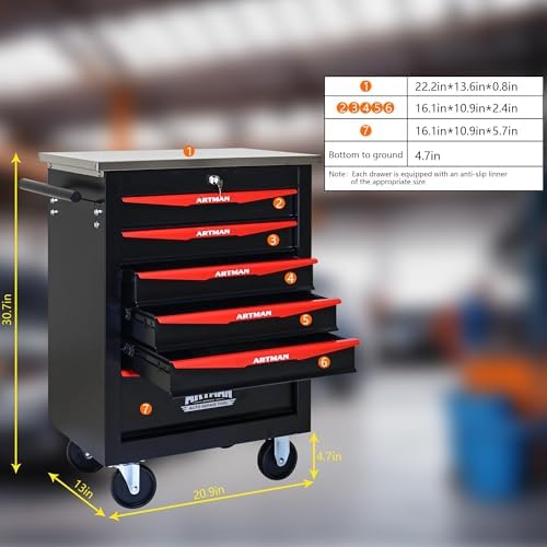 6-Drawer Heavy-Duty Rolling Steel Tool Cart with Handle&Wheels, Metal Storage Organizer Cabinet, Tool Chest for Efficient Tool Storage in Garage, Warehouse, Workshop, Repair Shop, Black&RED - Image 6
