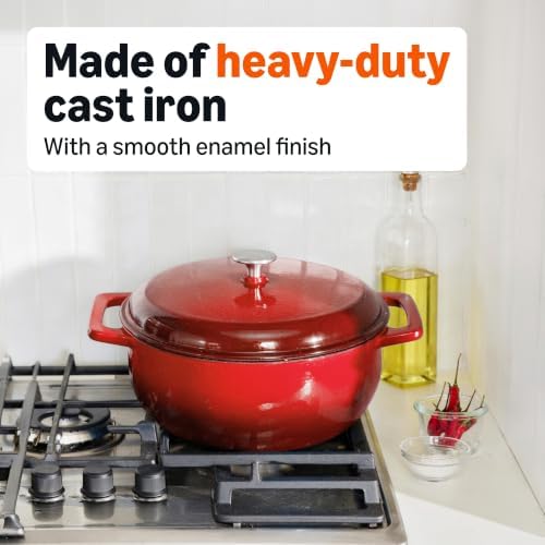 Amazon Basics Enameled Cast Iron Dutch Oven Pot With Lid, 6-Quart, Round, Dual Handles, Heavy-Duty, Oven Safe for Stews, Roasting & Baking, Red - Image 4