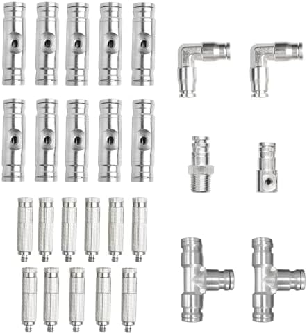 Brass Patio Misting Kit – 11pcs Brass Micro-Nozzles & 16pcs 1/4″ Slip Connectors for Outdoor Cooling (UNC 10/24, 0.012″ Precision Orifice, 15-280 psi) by TLTOOLEGIN