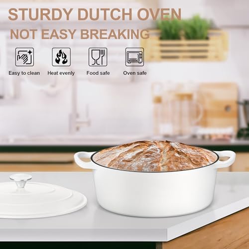 E-far 7QT Oval Dutch Oven Pot with Lid, White Enameled Cast Iron Dutch Oven - Image 6