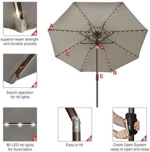 EliteShade USA 10-Year-Non-Fading 9ft Market Patio Umbrella, Commercial Grade Table Sun Umbrella with 80 Solar LED Lights, Crank Open, Windproof & UPF 50+ UV Protection for Garden, Deck, Pool, Backyard, Taupe - Image 5