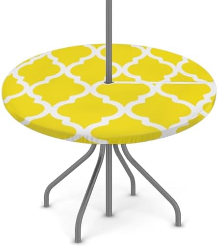 Fitted Round Tablecloth with Umbrella Hole and Zipper Yellow Moroccan Outdoor Elastic Table Cloth 45"-56" Oil-Proof Waterproof Morocco Geometric Patio Table Cover for Dining Picnic Party by GzLeyigouHomeKitchen