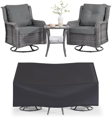 Wumiokio Patio Furniture Sets, 3 Pieces Wicker Outdoor Furniture - 360 Degree Swivel Rocking Chairs and Rattan Side Table for Garden,Porch,Backyard (Grey Wicker/Grey Cushion, 3PCS - Swivel Chairs) by Wumiokio
