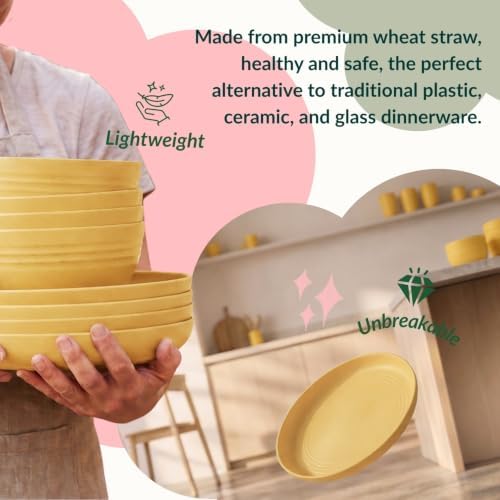 Wheat Straw Dinnerware Sets, Homienly 20pcs Unbreakable Microwave Dishwasher Safe Tableware Lightweight Bowls, Cups, Plates Set Reusable Dinner Plates Bowls set (Yellow) - Image 5