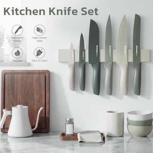 Astercook Knife Set, 13 Pieces Kitchen Knives Set with Healthy Anti-Rust Coating, Dishwasher Safe, Stainless Steel Chef Knife Sets with 6 Blade Guards, Perfect Holiday Gifts for Kitchen Green - Image 4