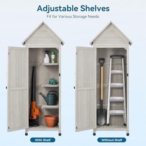 Narrow Outdoor Storage Cabinet, 67" Wooden Vertical Garden Tools Shed, Patio Storage Organizer with Latch & Waterproof Roof for Yard Deck Lawn Farmland Equipment(Gray) - Image 5