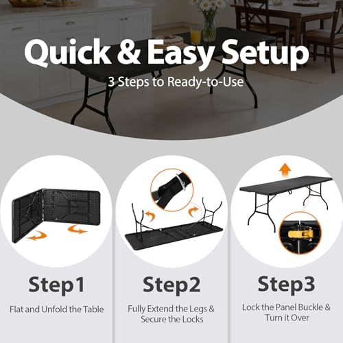 SUPER DEAL 8FT Folding Picnic Table for Indoor Outdoor, Portable Fold-in-Half Plastic Dining Camping Party Table with Carrying Handle, Black - Image 6