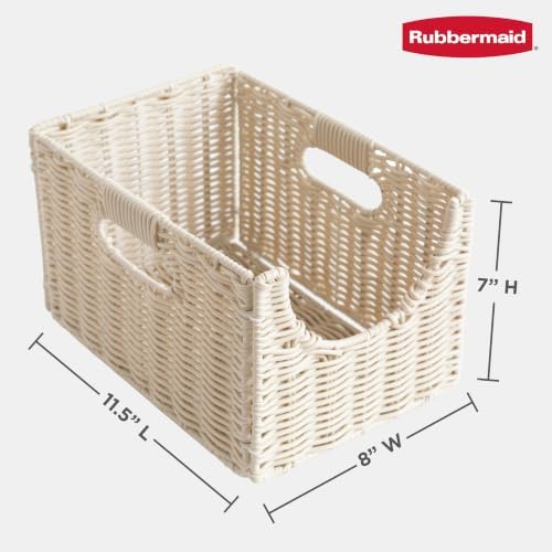 Rubbermaid Woven Storage Baskets - Set of 2 Stackable and Collapsible Bins with Handles, Small Resin Rattan Organizers for Shelves, Closet, Bathroom, Bedroom, 11.5” x 8”, Ivory - Image 4