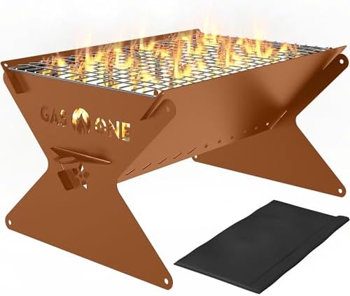 GasOne 15” Portable Charcoal Grill – Foldable BBQ Grill – Camping Grills for Backyard, Bonfire, Patio – Heavy-Duty Portable Fire Pit – Camp Cooking Gear, Brown by GASONE