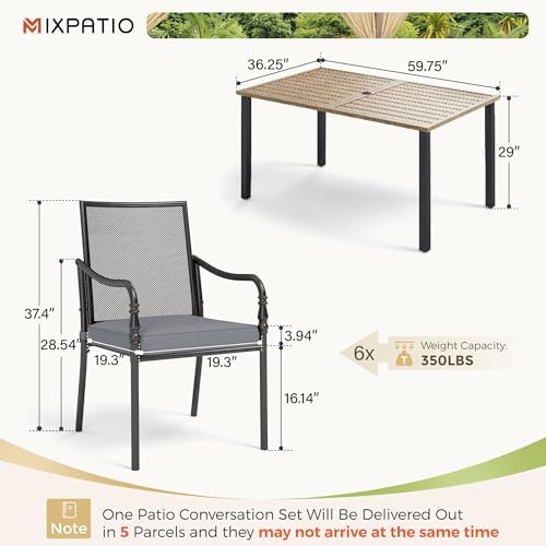 MIXPATIO 7pc Patio Dining Set, 60" Rectangle Metal Table, 6 Chairs, Black - Image 6