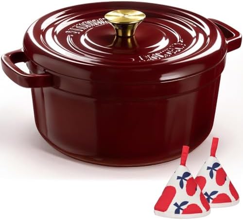 Overmont Enameled Cast Iron Dutch Oven - 5QT Pot with Lid Recipe Potholders by Overmont