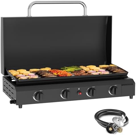 SKOK 4 Burner Gas Griddle with Hood- 30 Inch Outdoor Propane Griddle-60000 BTU Propane Fuelled, Portable Flat Top Gas Grill Camping Griddle with Lid for Kitchen, Outdoor BBQ, Camping by SKOK