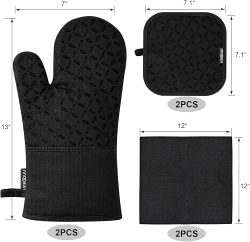 KEGOUU Oven Mitts and Pot Holders 6pcs Set, Kitchen Oven Glove High Heat Resistant 500 Degree Extra Long Oven Mitts and Potholder with Non-Slip Silicone Surface for Cooking (Black) - Image 4