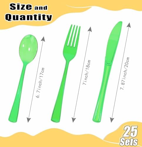 HEIPINIUYE 75 Pack Green Clear Plastic Cutlery Heavy Duty Clear Green Plastic Knives Forks and Spoons Disposable Silverware Set for 25 Guest Camping Birthday Baby Shower Party Utensil Set - Image 3