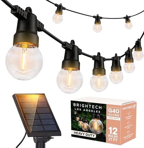 Brightech Ambience Pro 27 Ft Solar Powered Outdoor String Lights - Commercial Grade Waterproof Patio Lights Withn Edison Globes, Shatterproof LED String Lights for Patio - 1W, Warm White, 12 Bulbs by Brightech