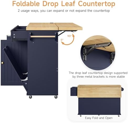 ONBRILL 60" Kitchen Island with Trash Can Storage, Rolling Island Table - Image 4