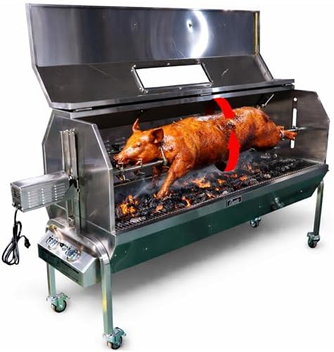 52 Inch Rotisserie Spit Roaster for Whole Pig, Lamb, Goat, Propane/Charcoal BBQ Grill, Stainless Steel Roasting Machine- 50W Motor 200 lb Torque, Grates, Burners, Drip Pan, Thermometer- SSGC1 by Charotis