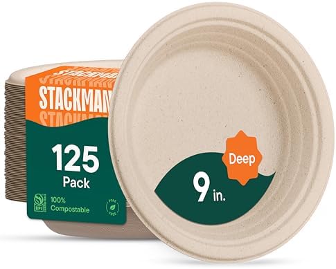 100% Compostable Deep Dish Plates - 9 Inch [125-Pack] Heavy Duty Brown by StackMan