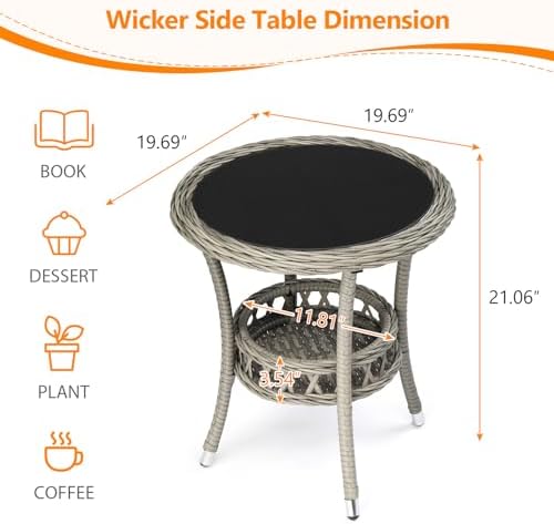 VINGLI Outdoor Wicker Side Table, Patio Side Tables for Outside Tempered Glass Top Wicker Table with Storage End Table for Balcony Porch Deck (Grey) - Image 3