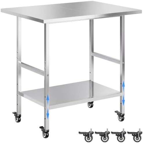 NSF Stainless Steel Prep Table with Wheels, Commercial Worktable with 4 Casters & Brakes & Adjustable Undershelf, Heavy Duty Rolling Kitchen Island Cart for Restaurant, Home, Outdoor BBQ & Pizza Oven by Unknown
