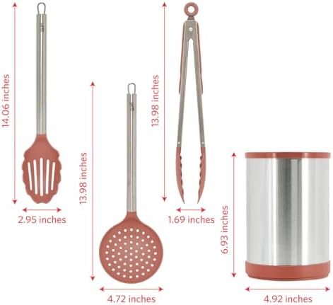 Glad Kitchen Utensils Set, 8pcs - Nonstick Cooking Tools with Stainless Steel Handles & Rotating Utensil Holder - Turners, Ladle, Spoon, Tongs, Spaghetti Server, and Skimmer - Dishwasher Safe, Rust - Image 5