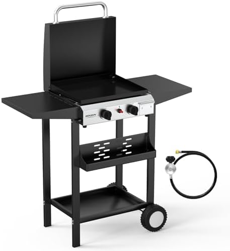 ROVSUN 2 Burner Portable Propane Griddle with Electronic Ignition, 20000 BTU Rolling Flat Top Gas Grill with Enameled Tray & Lid, Side Shelves & Regulator for Outdoor Cooking Camping BBQ Tailgating by ROVSUN