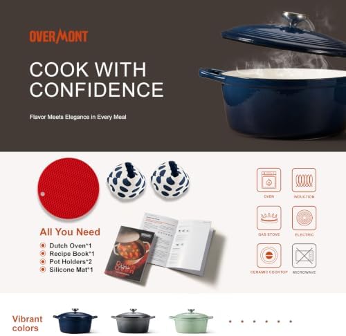 Overmont Enameled Cast Iron Dutch Oven - 5.5QT Pot with Lid Cookbook & Cotton Potholders - Heavy-Duty Cookware for Braising, Stews, Roasting, Bread Baking Midnight Sapphire - Image 5