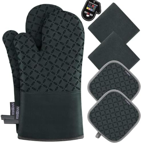 KEGOUU Oven Mitts and Pot Holders 6pcs Set, Kitchen Oven Glove High Heat Resistant 500 Degree Extra Long Oven Mitts and Potholder with Non-Slip Silicone Surface for Cooking (Deep Green) by KEGOUUOvenMitt